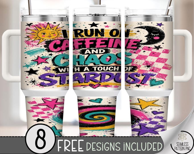 Caffeine and Chaos 40 oz Tumbler Wrap, Retro Stardust Sublimation Design, Colorful PNG, Digital Download, B10377