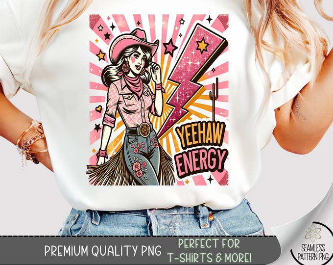 Yeehaw Energy T-Shirt PNG, Retro Cowgirl Lightning Bolt Sublimation Design, Pink Western Graphic Tee File, A329