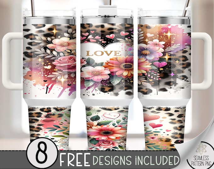 Leopard Love 40oz Tumbler Wrap, Floral 40 oz Tumbler PNG Cute Animal Print Sublimation Design Seamless 40oz Quencher Tumbler PNG, A186