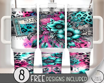 Hot Pink & Teal Dreamcatcher 40 oz Tumbler Wrap PNG, Boho Floral Leopard Sublimation Wrap, 40oz Wild Soul Skinny Floral PNG Design, A285