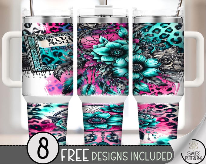 Hot Pink & Teal Dreamcatcher 40 oz Tumbler Wrap PNG, Boho Floral Leopard Sublimation Wrap, 40oz Wild Soul Skinny Floral PNG Design, A285