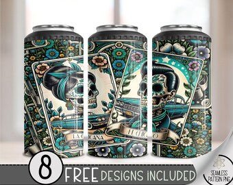 El Lowrider Chicano Cholo 4in1 Can Cooler Wrap, Floral 4 in 1 Tumbler PNG, LA Sugar Skull 16 Oz Can Cooler Sublimation Design,Skeleton, A125