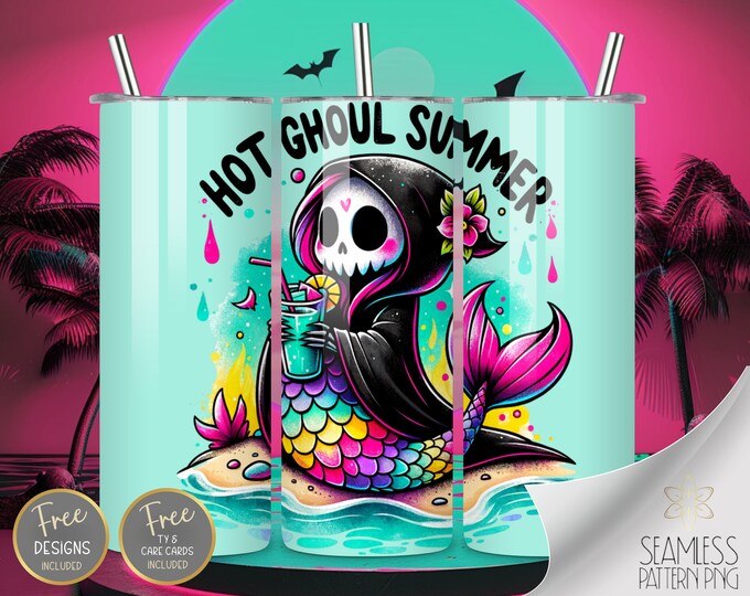 Hot Ghoul Summer Tumbler Wrap Sublimation, Funny Summer Skeleton 20 oz Straight Design Files, Sassy Skeleton, Trendy Neon Goth PNG