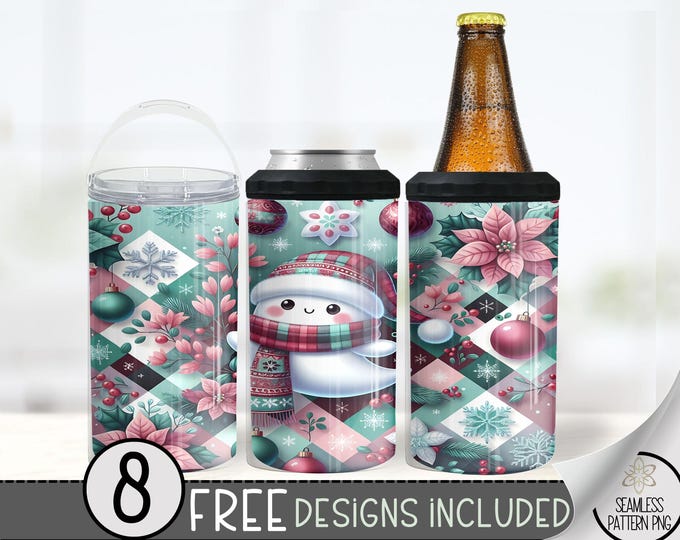 Christmas 4in1 Can Cooler Wrap, Cute Ghost 4 in 1 Tumbler PNG, Xmas 16 Oz Can Cooler Sublimation Design, Retro Christmas Can Holder Wrap