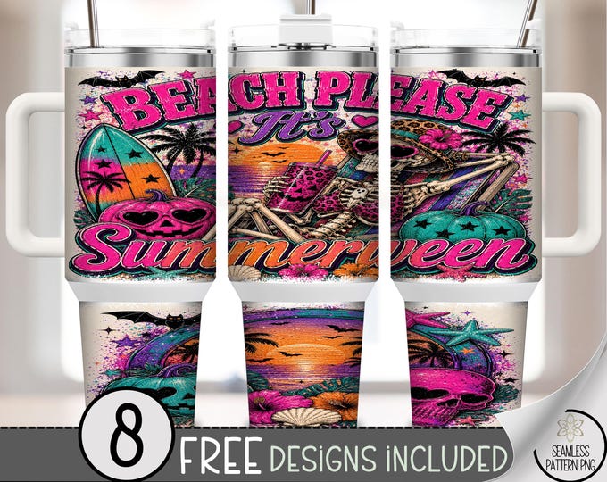 Summerween 40 oz Tumbler Wrap, Beach Skeleton Sublimation Design, Halloween Summer PNG, Digital Download, B10376