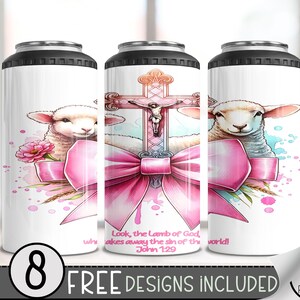 Christian Lamb With Cross 4 in 1 Can Cooler Wrap, Coquette Bow Bible Verse 4in1 Tumbler PNG,Easter 16 Oz Can Cooler Sublimation Design, A118