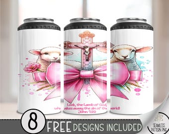 Christian Lamb With Cross 4 in 1 Can Cooler Wrap, Coquette Bow Bible Verse 4in1 Tumbler PNG,Easter 16 Oz Can Cooler Sublimation Design, A118