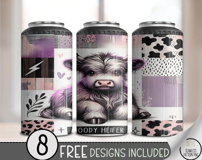 Highland Cow PNG, Adorable Baby Heifer 4-in-1 Can Cooler Wrap, Purple Patchwork, B958