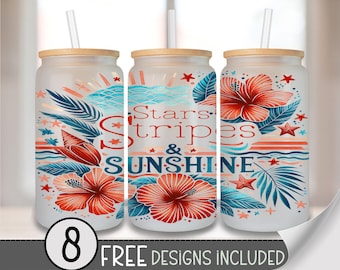 Stars Stripes & Sunshine Glass Can Wrap PNG, USA Red White Blue Floral Wrap, Patriotic Summer Png for Sublimation or Uv Dtf A253