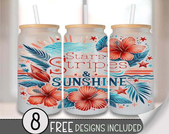 Stars Stripes & Sunshine Glass Can Wrap PNG, USA Red White Blue Floral Wrap, Patriotic Summer Png for Sublimation or Uv Dtf A253