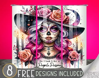 Day of the Dead Women Tumbler Wrap, 20 oz skinny Tumbler Wrap Sublimation PNG, Skeleton Tumbler Wrap, Gothic Celestial Tumbler, Witch Design