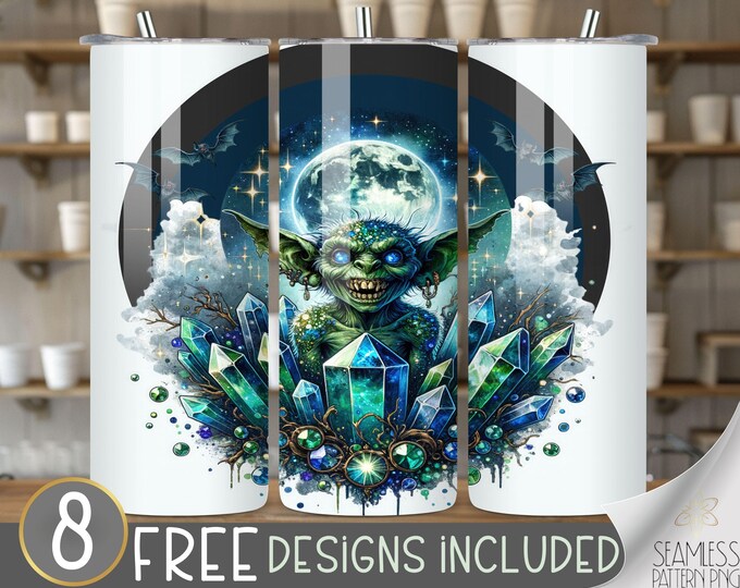 Goblin Moon Tumbler Wrap 20oz Haunted Scary Goblin Design, Halloween Horror Tumbler Wrap PNG, Horror Goblin Crystal Bats Instant Download