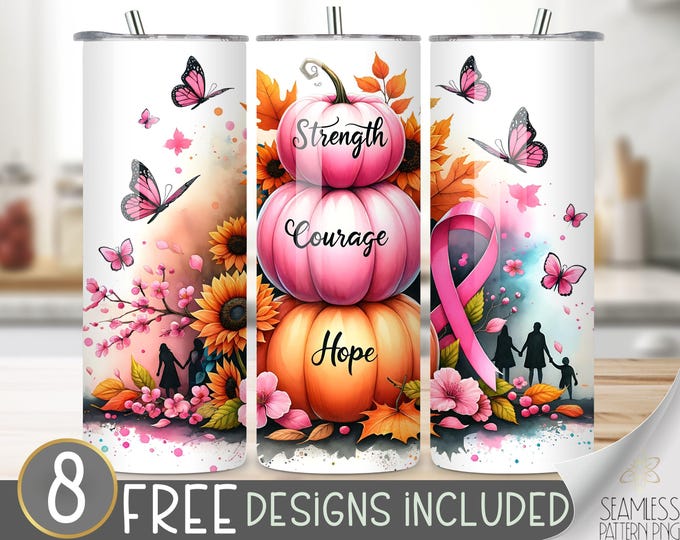 Pumpkin Cancer Tumbler Wrap, Pink Ribbon Butterfly Design, Cancer Awareness Pink Tumbler Png 20oz Sublimation PNG, Positive Affirmation