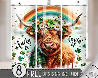 Lucky Highland Cow Tumbler Wrap, St Patrick's Day 20oz Skinny Tumbler Sublimation Design, Irish Tumbler Wrap File, Seamless Shamrock File