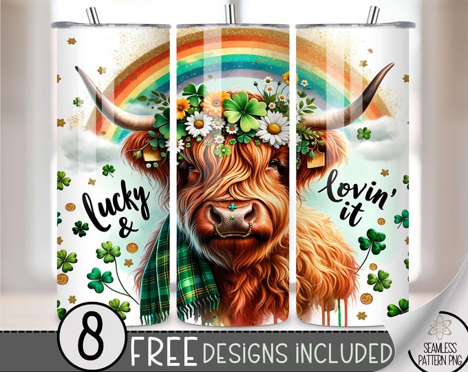 Lucky Highland Cow Tumbler Wrap, St Patrick's Day 20oz Skinny Tumbler Sublimation Design, Irish Tumbler Wrap File, Seamless Shamrock File