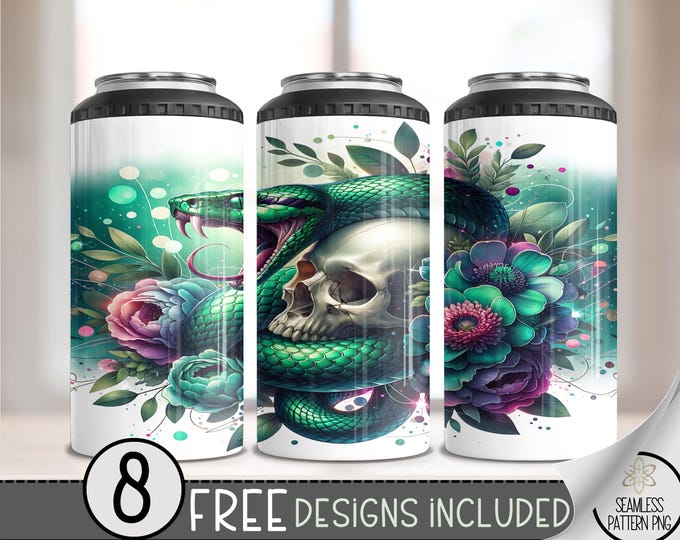 Snake Strike 4 in 1 Can Cooler Wrap, Floral Skull 4in1 Tumbler PNG, Snake Skull 16 Oz Can Cooler Sublimation Design, Digital Download PNG