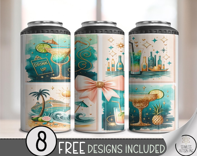 Tropical Cocktail Can Cooler Wraps, 4in1 Drink Design Set, Summer Can Wrap, Printable Can Sleeve File, Beach Cruise Vibes, A455