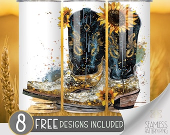 Western PNG Tumbler Wrap, Watercolor Cowboy Boots Sunflower Seamless Design, Instant Download, 20 Oz Skinny Sublimation Tumbler Design