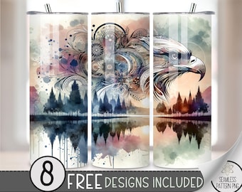 Dreamcatcher Eagle Floral Tumbler Wrap, Flower Sunset Sublimation Design PNG, Ethereal 20Oz Skinny Tumbler File, Boho Lake Tumbler PNG