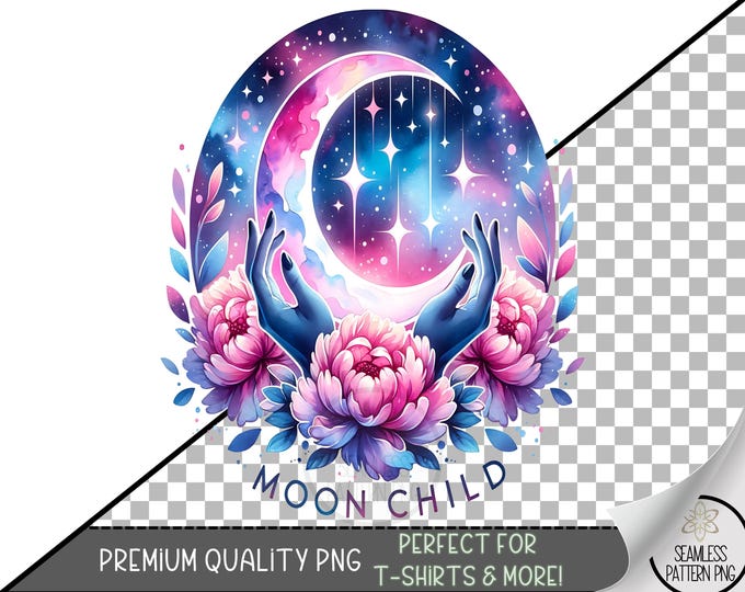 Moon Child Sublimation PNG, Mystical Crescent Moon with Florals, Celestial Galaxy Spiritual Art, Witchy Design, A397
