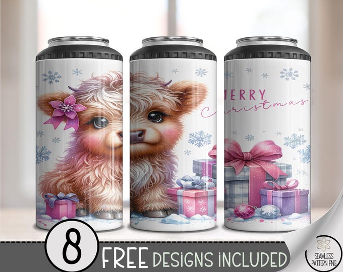 Highland Cow with Pink Bow 4in1 Can Cooler Wrap, Cute Holiday Sublimation Design, Merry Christmas Printable PNG, A483