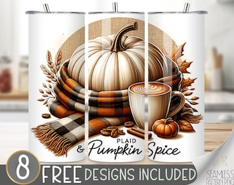 Plaid & Pumpkin Spice Tumbler Wrap, Pumpkin Tumbler Png, Pumpkin Spice Season Digital Wrap, White Pumpkin and Plaid Scarf Sublimation File