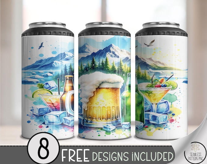 Cocktail 4 in 1 Can Cooler Wrap, Booze 4in1 Tumbler PNG, Beer 16 Oz Can Cooler Sublimation Design, Mountain Scene, A460