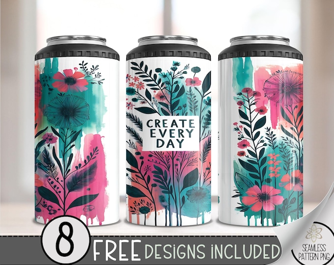 Painter Artist 4 in 1 Can Cooler Wrap, Seamless PNG 4in1 Tumbler PNG, Create Every Day 16 Oz Can Cooler Sublimation Design, Floral File A189