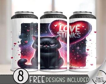 Anti Valentine 4 in 1 Can Cooler Wrap, Anti Valentine's Day 4in1 Tumbler PNG, Grumpy Cat 16 Oz Can Cooler Sublimation Design,Love Stinks PNG