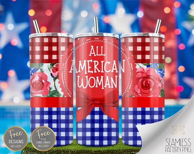 All American Woman 20 oz straight Tumbler Wrap Sublimation PNG, Bow Skinny Seamless Flower Tumbler Design Gingham Fabric Instant Download