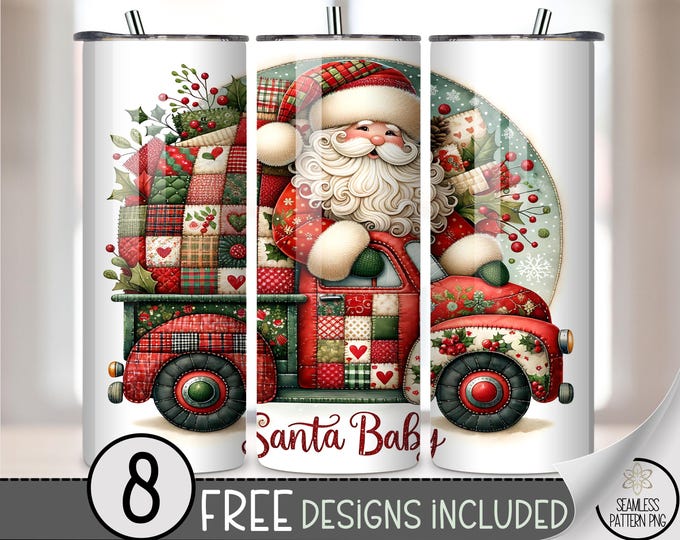 Vintage Truck 20 oz tumbler wrap: Faux Patchwork Sublimation Design for Skinny Tumblers, Festive PNG Files, A708