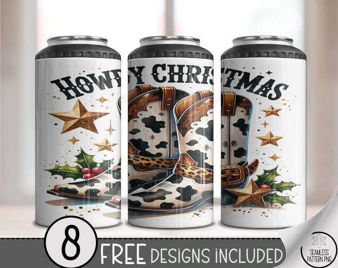 Holiday Cowboy Boots 4in1 Can Cooler Wrap, Cozy Rustic Sublimation Design, Festive 16 oz 4-in-1 File with Christmas Elements, A684
