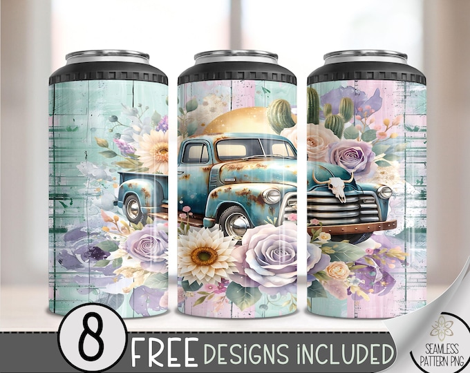 Rustic Vintage Truck 4 in 1 Can Cooler Wrap, Western 4in1 Tumbler PNG, Floral 16 Oz Can Cooler Sublimation Design, Old Truck Seamless File