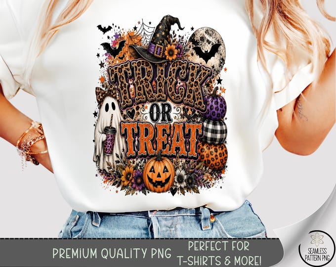 Halloween Trick or Treat Ghost PNG, Cute Pumpkin Sublimation Design, Digital Download, B10507