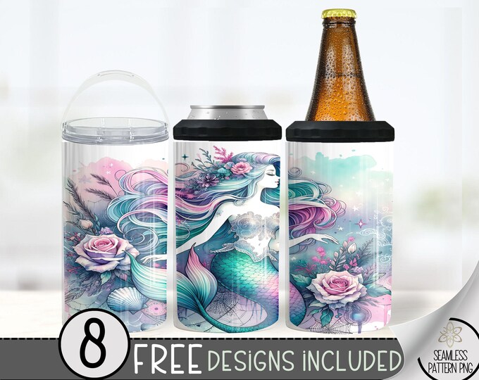 Mermaid Can Cooler Design, Mermaid Sublimation Design, Watercolor Mermaid 4 In 1 Can Cooler,Under The Sea Can Holder Design Summer Wrap A180