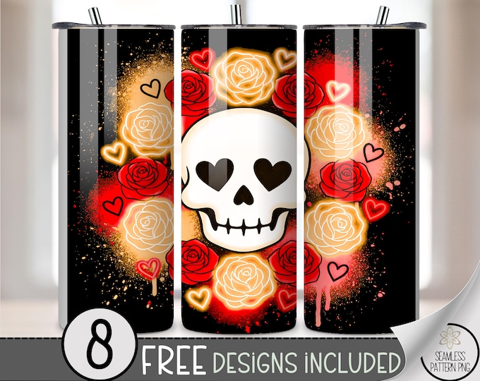 Skull 20 oz Tumbler Wrap, Gothic Sublimation Design for Straight Tumblers, Floral PNG Files, B10273
