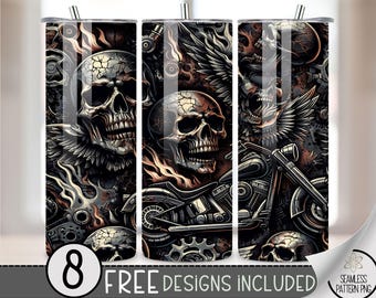 Motorcycle Tumbler Wrap, Biker Seamless Motorcycle Wrap Tumbler, 20oz Flaming Skull Tumbler Wrap, Motorcycle Sublimation Tumbler