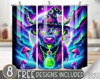 Psychedelic Highland Cow Witch Tumbler Wrap, Neon Magic Mushroom 20oz Sublimation PNG, Trippy Aurora Borealis Design, Witchy Tumbler Wrap