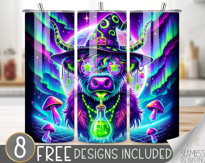 Psychedelic Highland Cow Witch Tumbler Wrap, Neon Magic Mushroom 20oz Sublimation PNG, Trippy Aurora Borealis Design, Witchy Tumbler Wrap