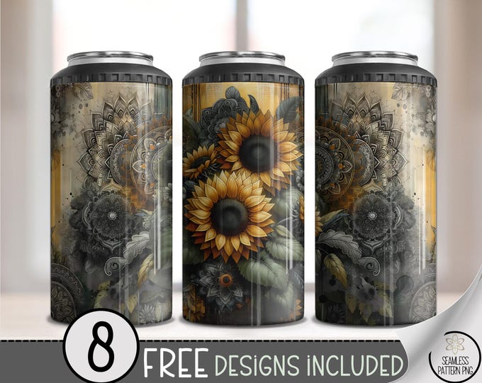 Grunge Sunflower 4in1 Can Cooler Wrap, Moody Sublimation Design, Cozy Vintage 16 oz 4-in-1 File with Warm Textured Elements A720