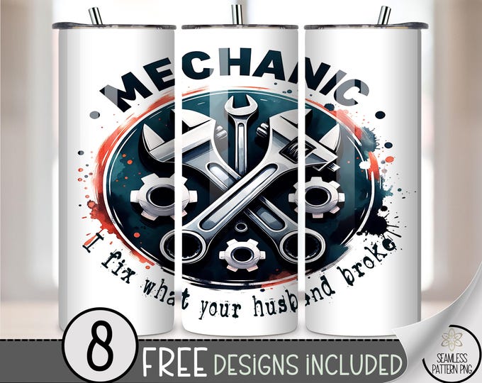 Mechanic Husband 20 oz Tumbler Wrap PNG, Digital Download, Wrench and Bolt Design, Sublimation for Guy, A804