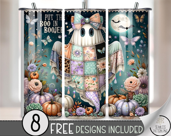 Faux Patchwork 20 oz Tumbler Wrap, Halloween Ghost Sublimation Design for Straight Tumblers, Trendy PNG Files, Digital Download, B10295