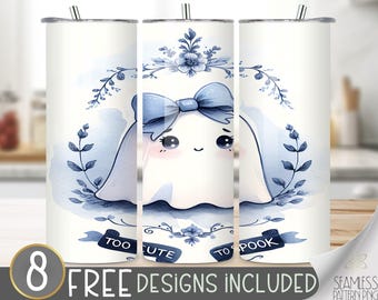 Too Cute To Spook Tumbler Wrap,Halloween Ghost Pumpkin Sublimation,Blue Toile 20oz Skinny Tumbler Design PNG,Cute Halloween Sublimation Wrap