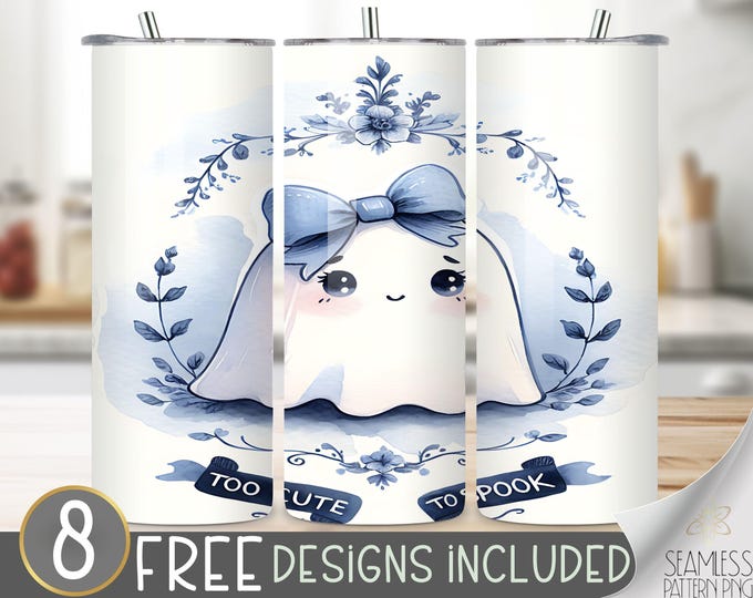 Too Cute To Spook Tumbler Wrap,Halloween Ghost Pumpkin Sublimation,Blue Toile 20oz Skinny Tumbler Design PNG,Cute Halloween Sublimation Wrap