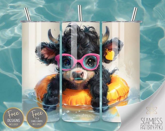 Cute Floating Highland Cow Tumbler Wrap Sublimation, Pool Party Tumbler Design Files, 20 oz Straight Funny Summer Instant Download PNG