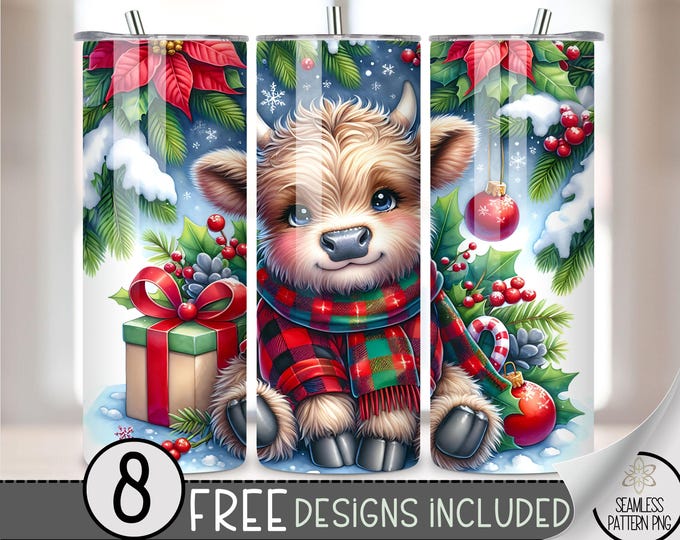 Cute Highland Cow Tumbler Wrap, Xmas 20oz Tumbler Sublimation Design, Christmas Rustic Country Tumbler, Red Buffalo Check Tumbler Wrap