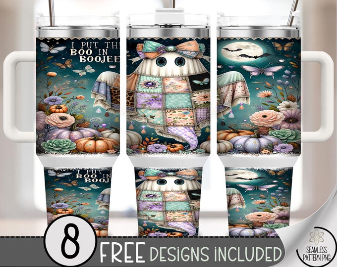 Halloween Ghost 40 oz Tumbler Wrap, Pastel Patchwork Sublimation Design, Boojée PNG Files, Digital Download, B10295