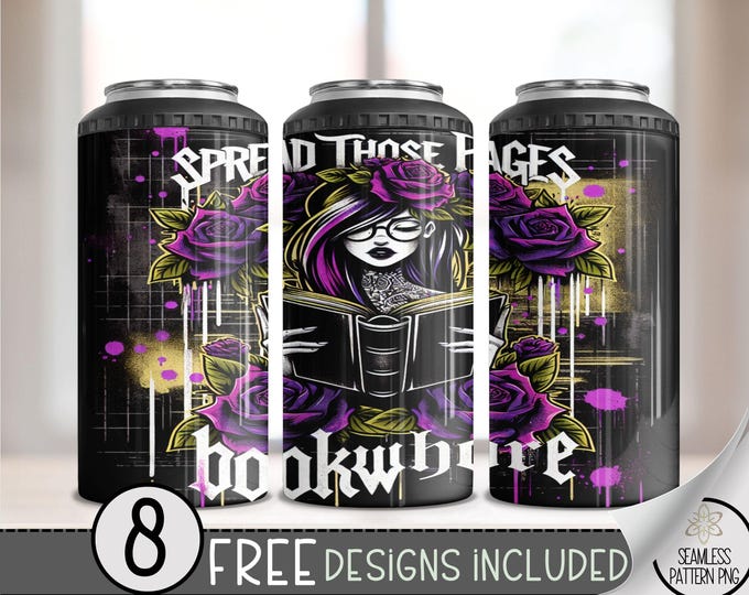 Floral Booktwhore 4 in 1 Can Cooler Wrap, Gothic Romantasy 4in1 Tumbler PNG, Book Lover 16 Oz Can Cooler Sublimation Design, Book Love A21
