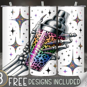 May include: Three white tumbler cups with a design of a skeleton hand holding a cocktail shaker with a leopard print design. The background is a white glitter pattern.
