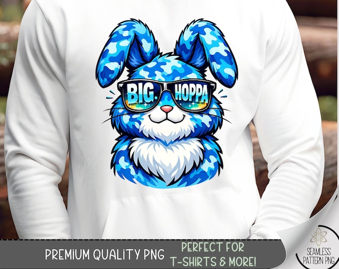 Big Hoppa PNG, Blue Camouflage Bunny T-Shirt Design For Guys, Easter Rabbit Sublimation, Digital Download, B997